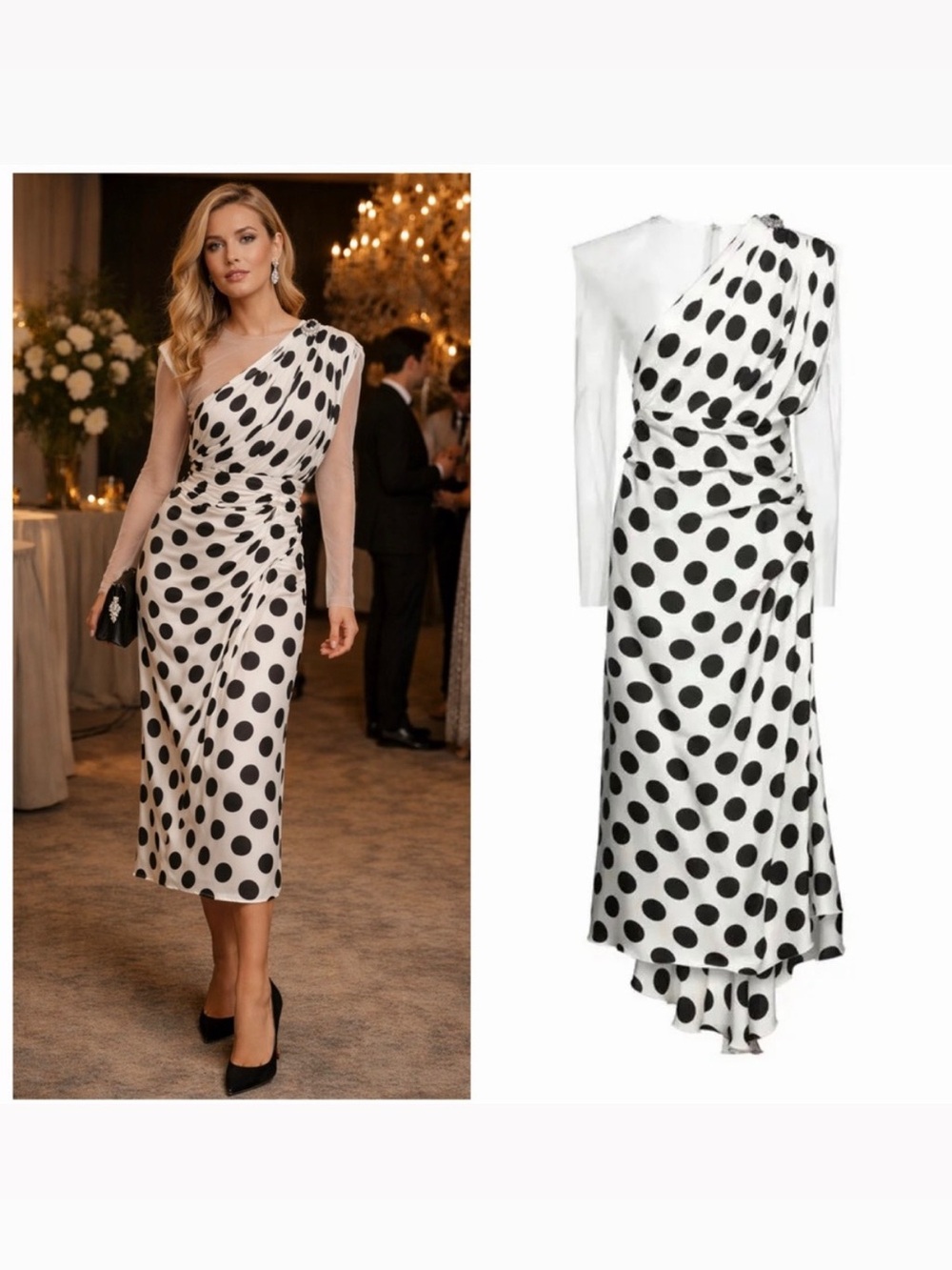 Dolce & Gabbana White Black Polka Dot Midi Dress Silk One Shoulder 6 Cocktail 🟡